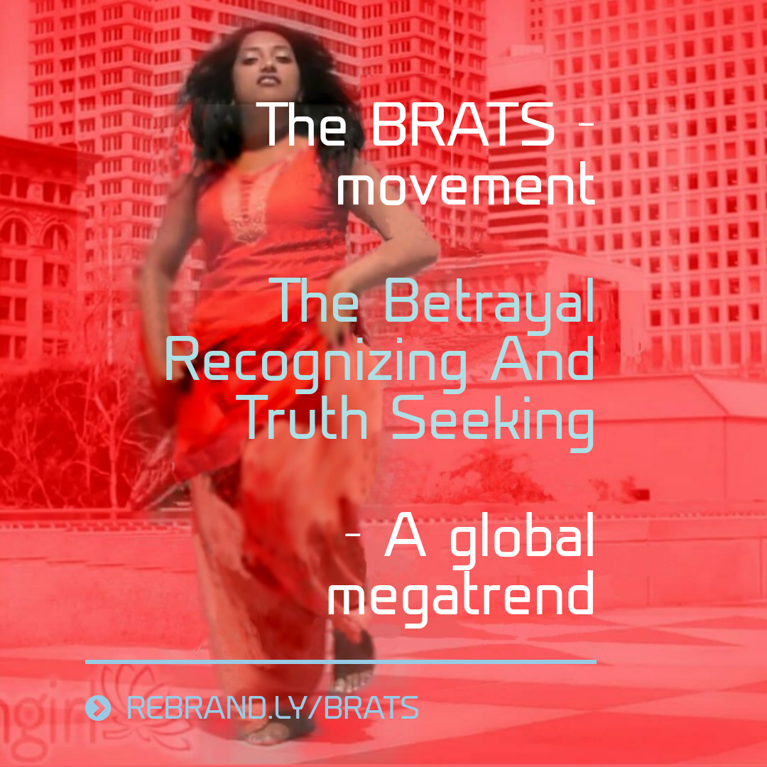 Peach -colored image with an Indian woman in red clothes and down the text. Brats movement a global megatrend