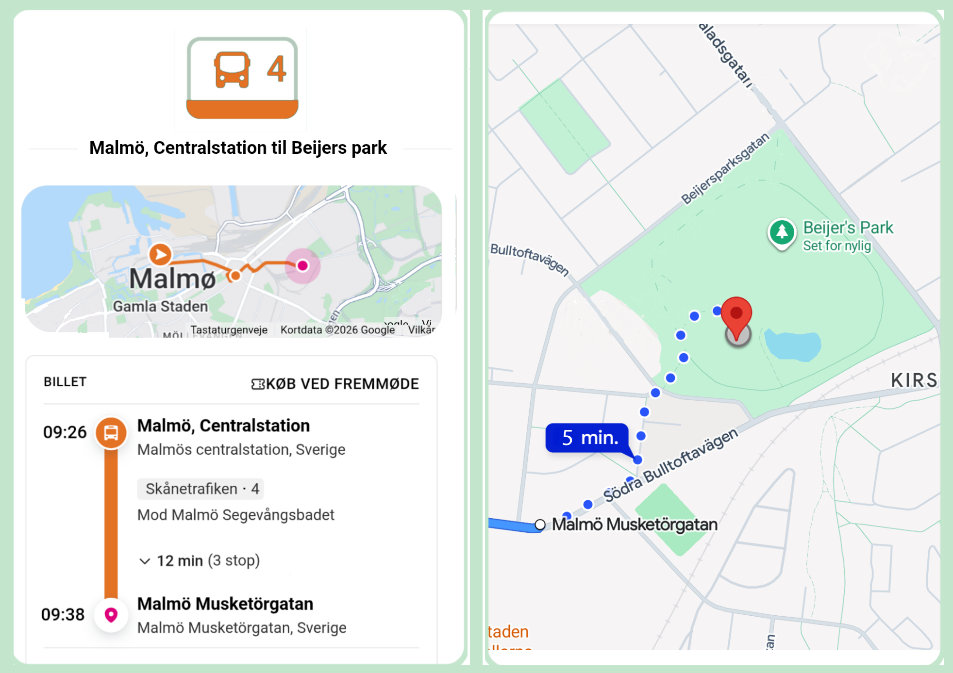 Kort over vejen med bus og gang fra <b>Malmø C</b> til <b>Beijers Park</b>